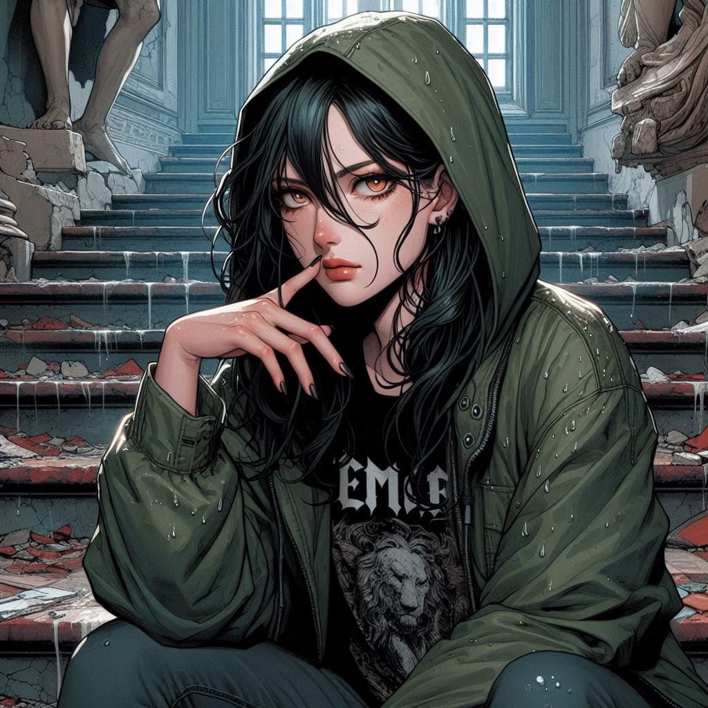 在廢墟樓梯上的女子