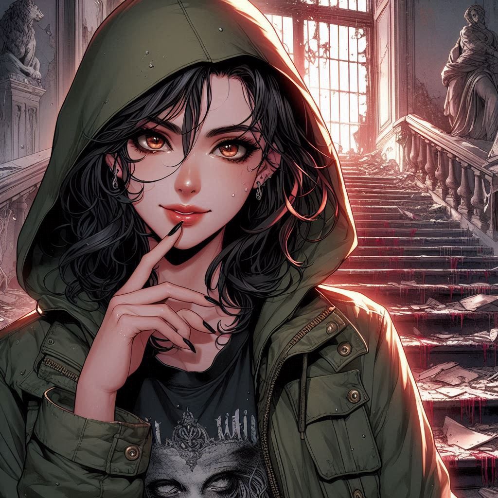 在廢墟樓梯上的女子