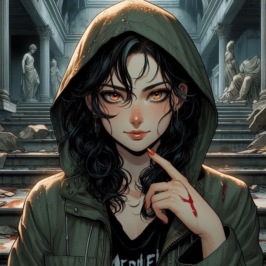 在廢墟樓梯上的女子