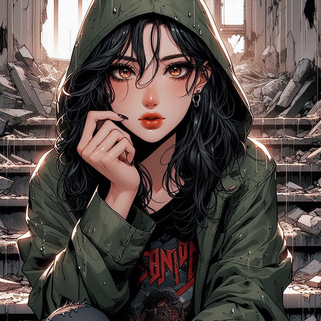在廢墟樓梯上的女子