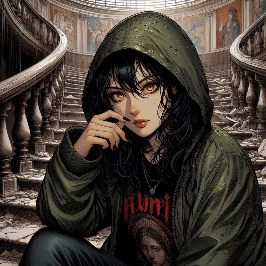 Woman on a ruined staircase