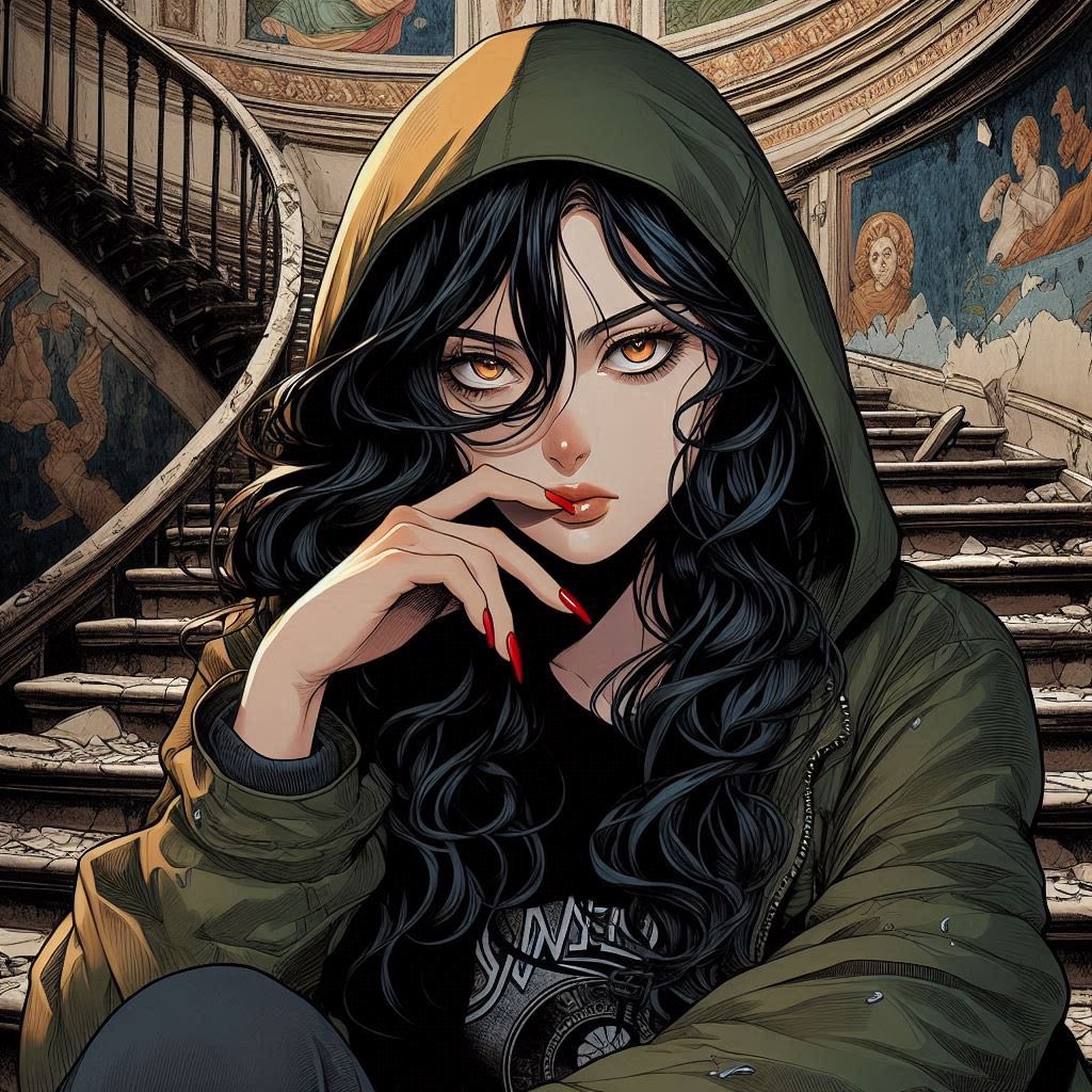 在廢墟樓梯上的女子