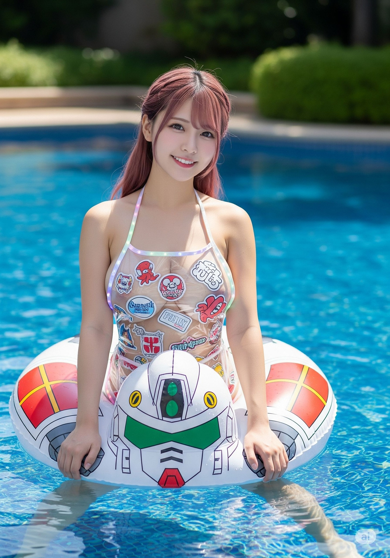 妹子帶著超Q造型泳圈漂浮床到泳池