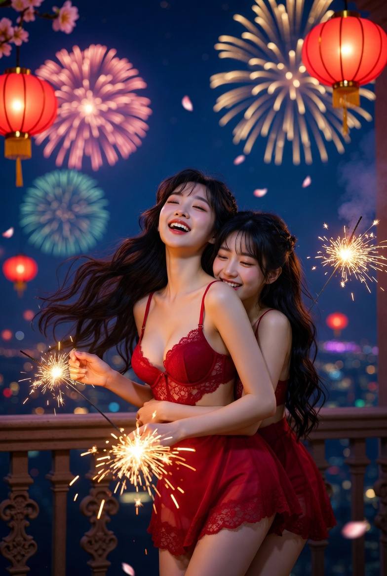 Sisters hugging and celebrating the New Year