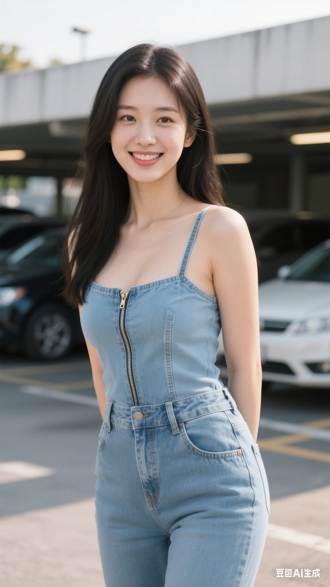 denim zipper pullover jumpsuit