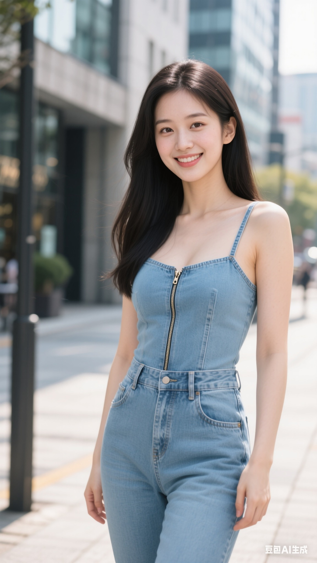 denim zipper pullover jumpsuit