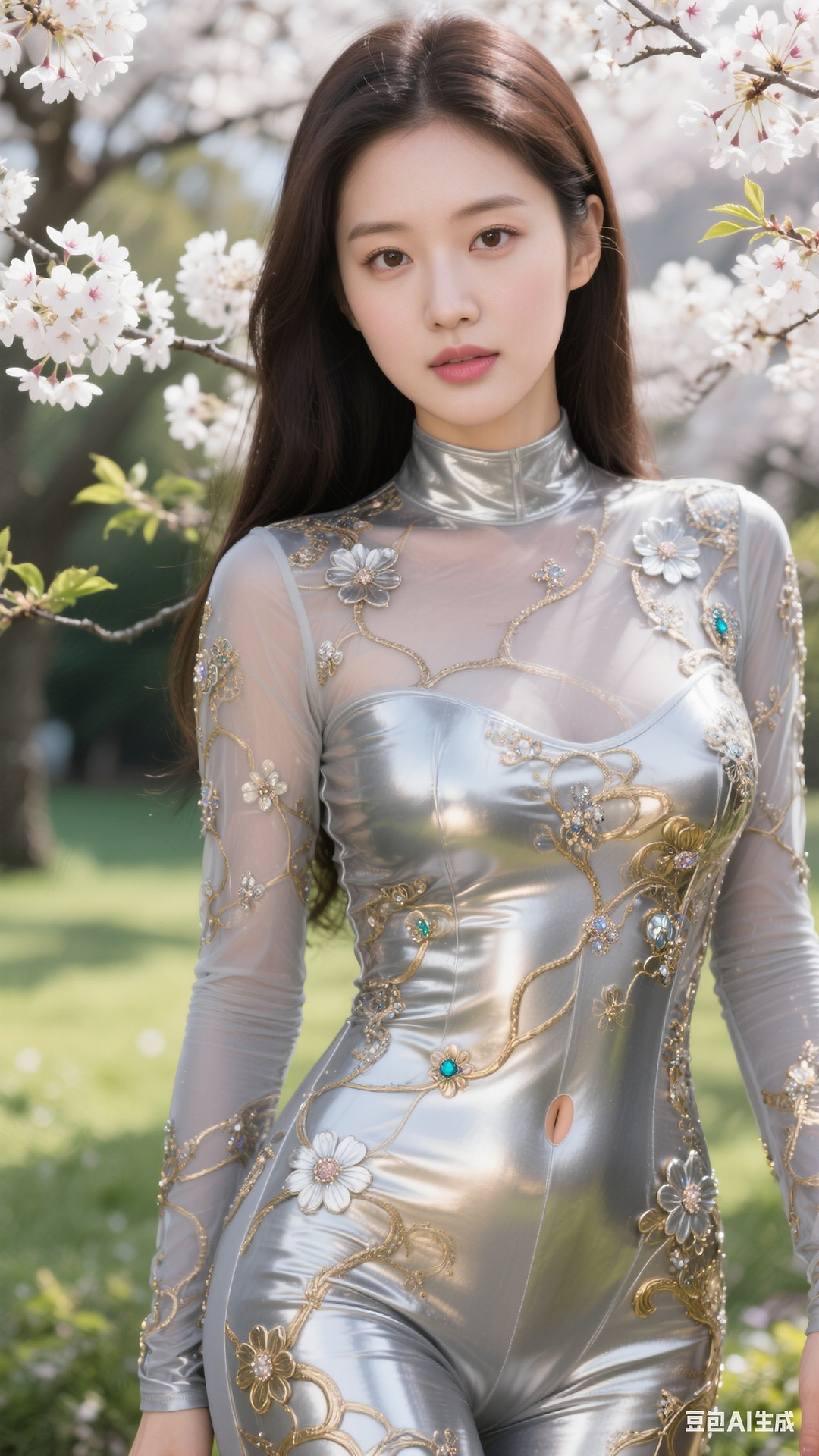 Embossed leotard with silver-grey gold silk flowers