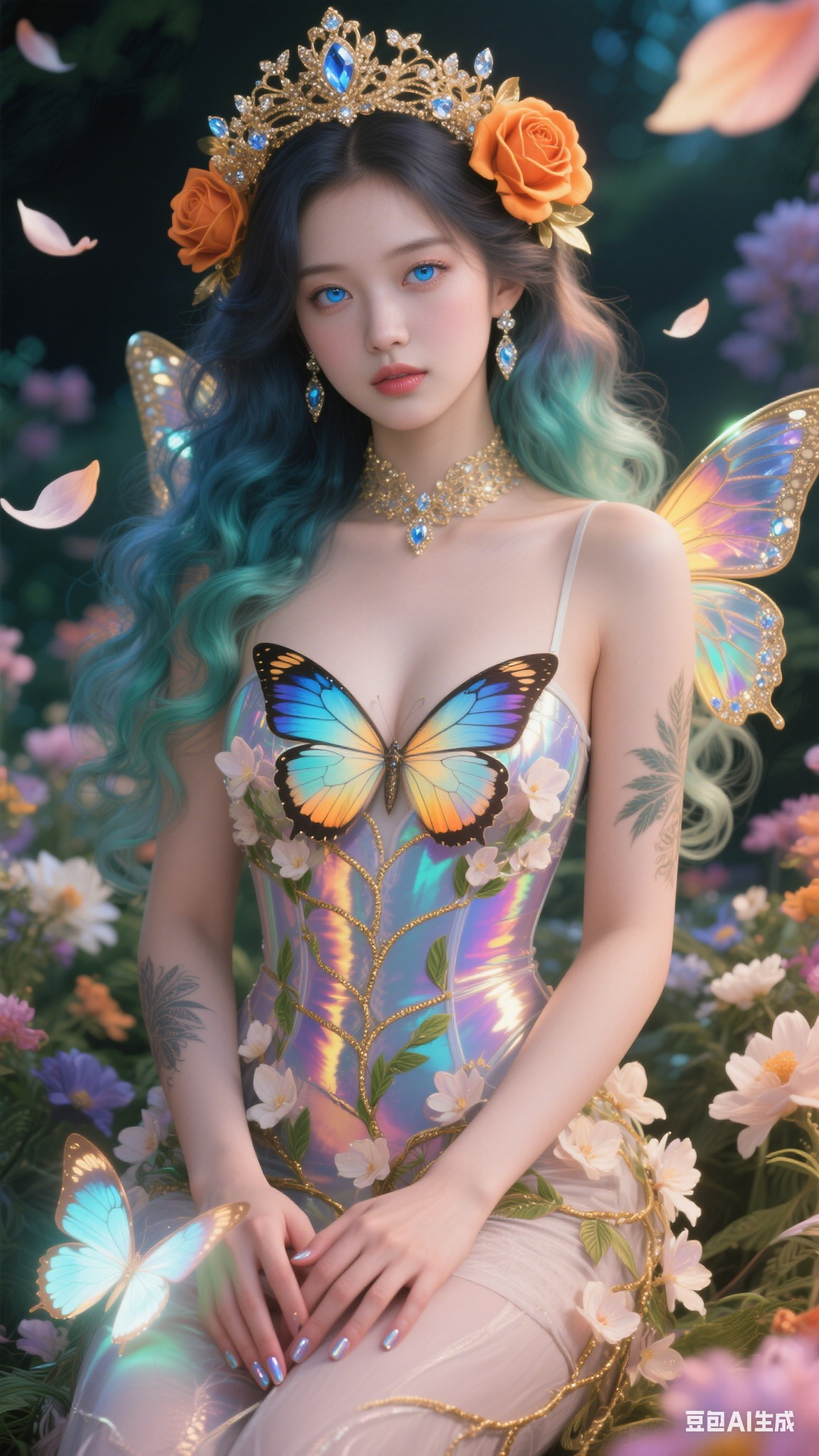 Petals and butterfly wings hand-knitted gown