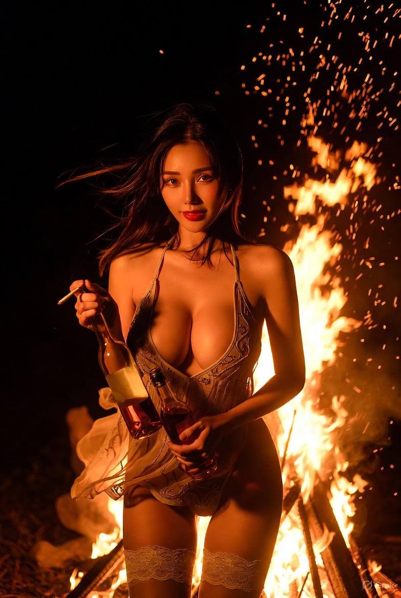 Sister drinking before campfire