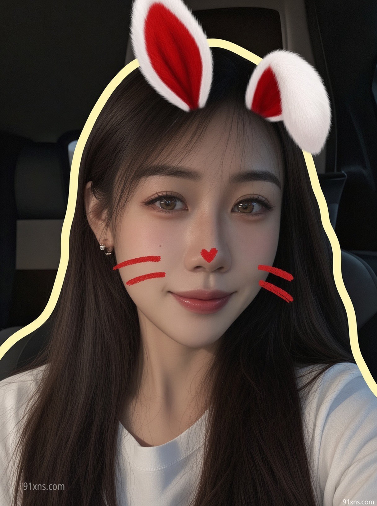 The contrast between the big eyes and the long hair shows up, the rabbit ear